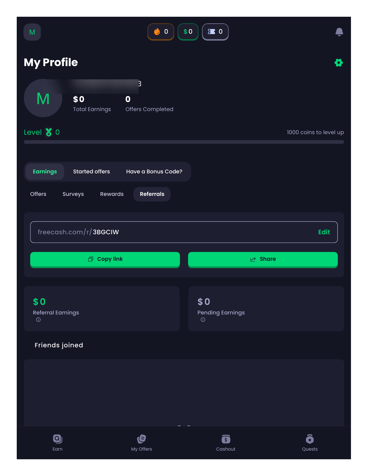 Freecash Referrals page showing the referral link section, with username blurred