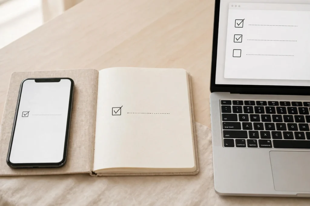 Tidy phone, notebook and laptop each showing one simple task list
