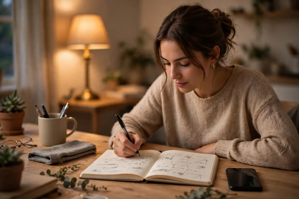 Person making a simple weekend plan in a notebook at a calm home desk with phone face down nearby