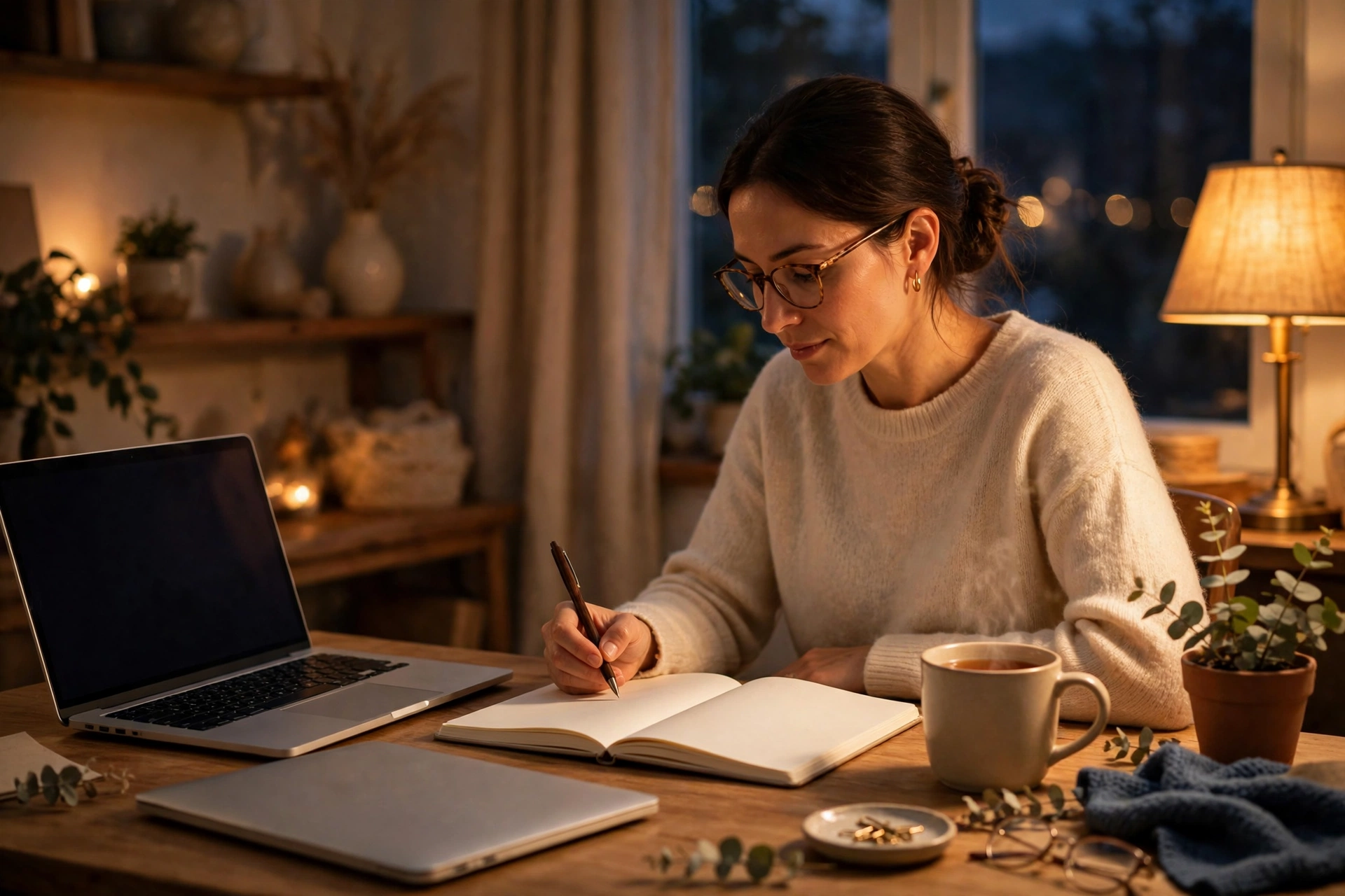 Person planning work in a notebook at a warm evening workspace