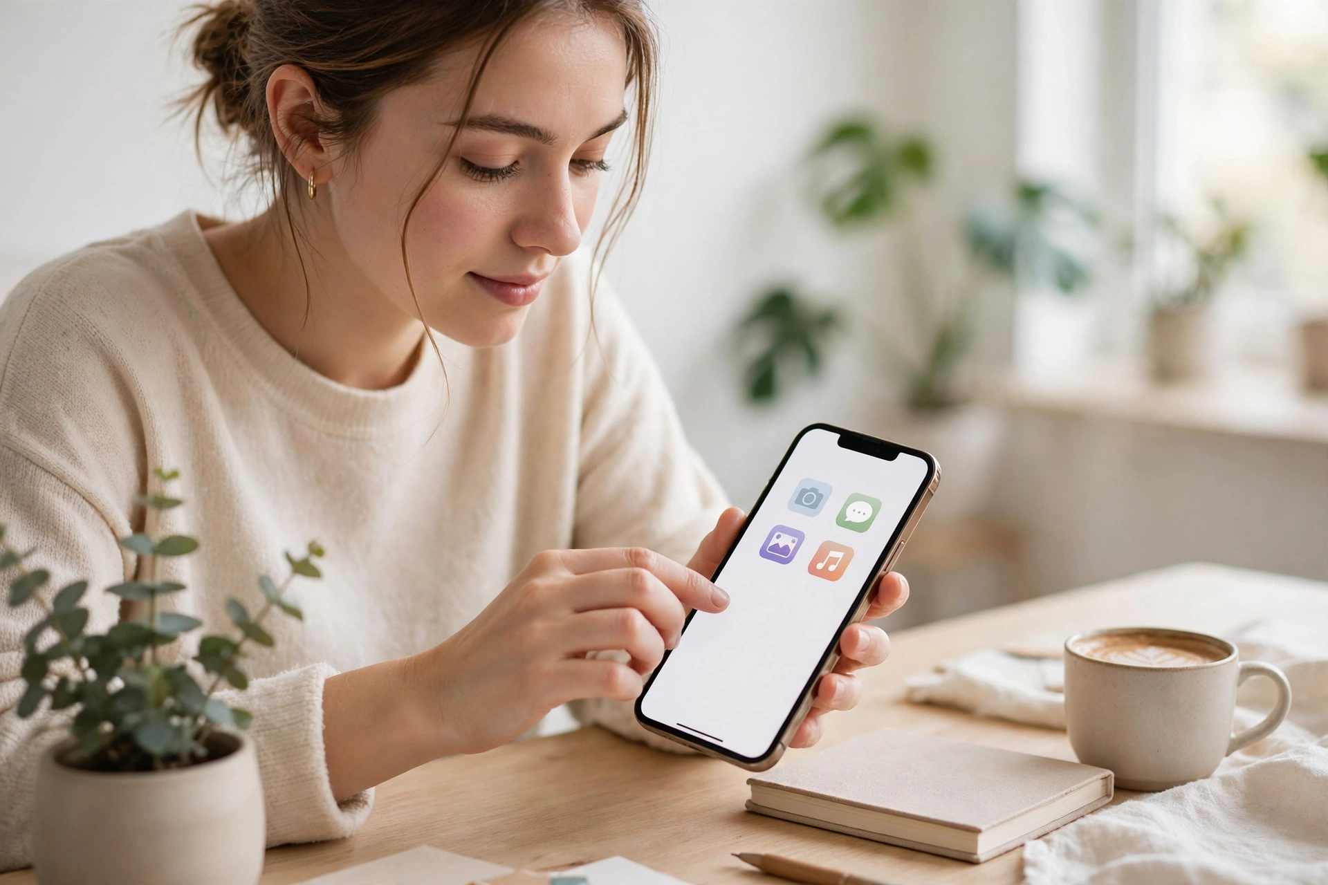 Person calmly organizing apps on a phone with a clean home screen