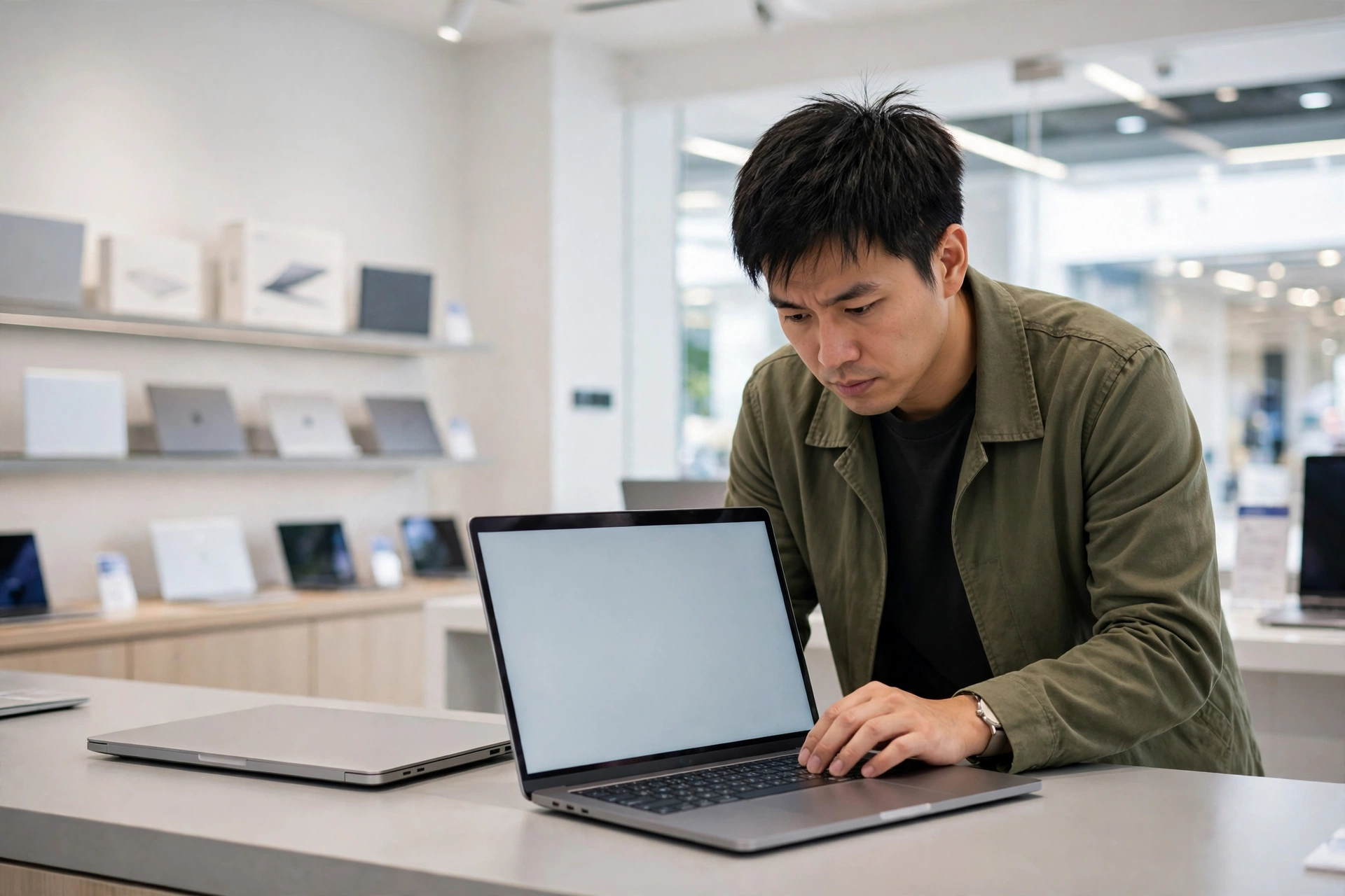 Person comparing laptops in a store and checking the screen and keyboard before buying