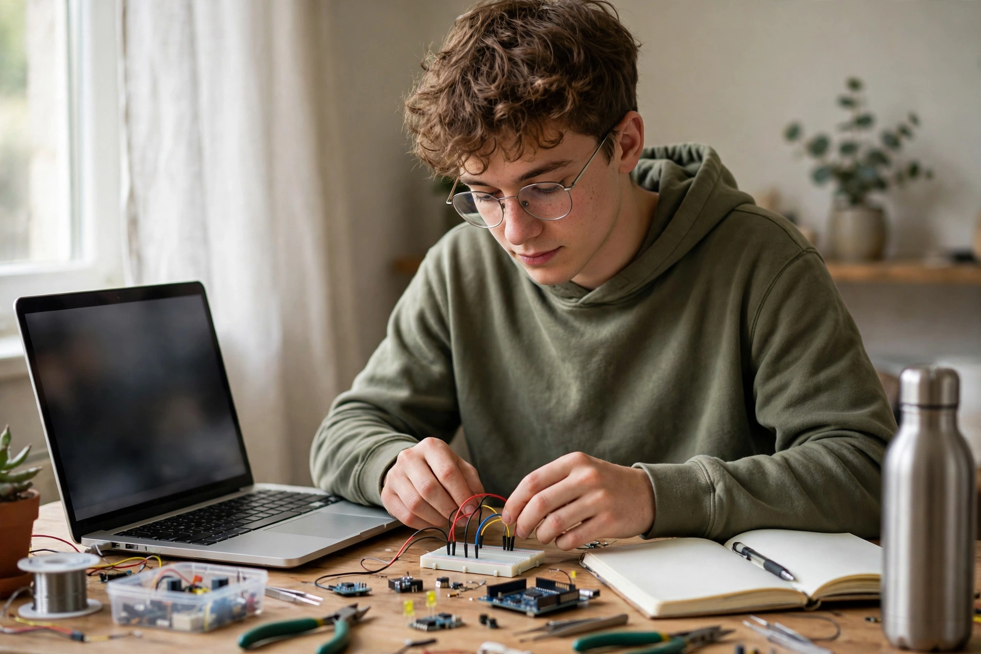Beginner practising a new skill at a desk by building a small real project, not just watching a video