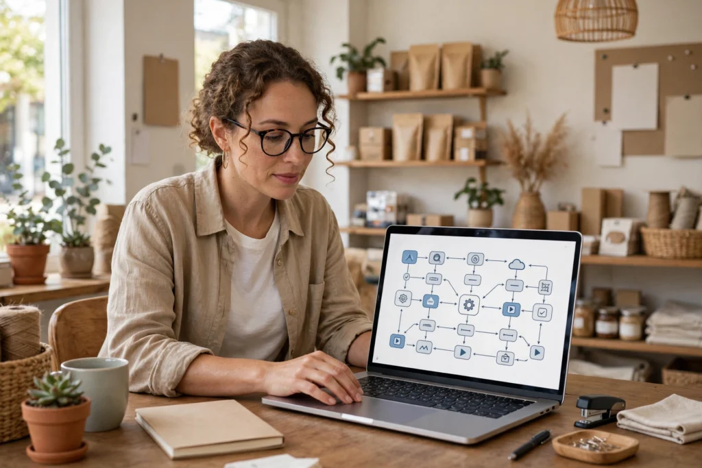 A small business owner checking an automated workflow on a laptop.