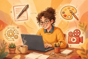 A beginner planning AI-assisted freelance services at a laptop.