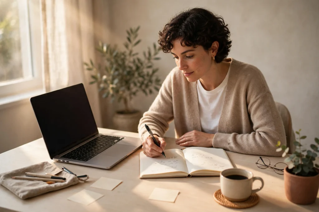 A freelancer planning services on a laptop with a notebook.