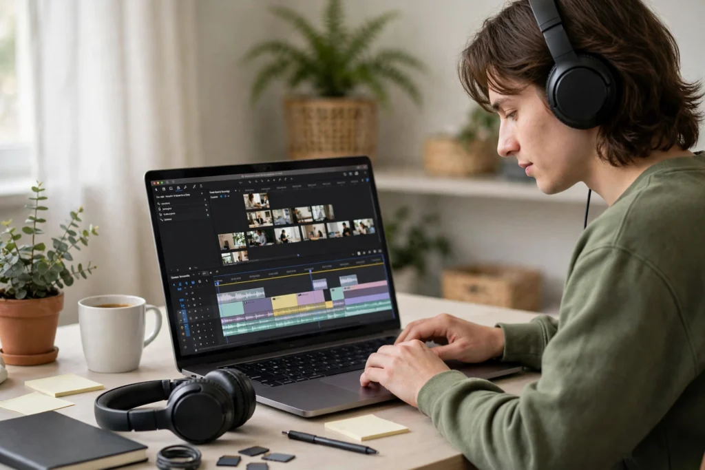 A video editor cutting short-form video clips on a laptop.