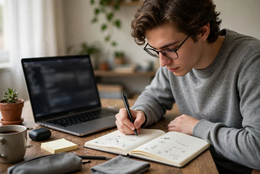 Person reviewing their own work on a laptop and making notes in a notebook to fix one thing
