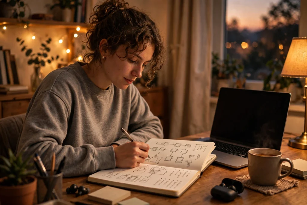 Person planning a small first project in a notebook at a warm evening workspace