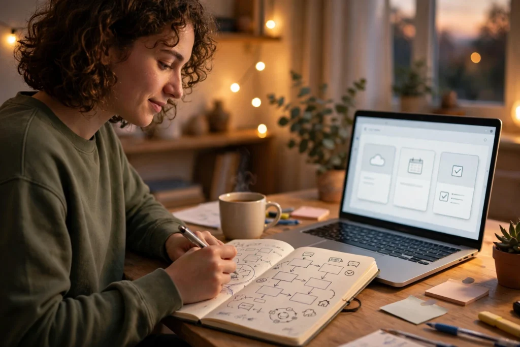 Beginner freelancer planning a small clear service in a notebook at an evening workspace