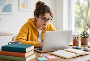 A student studying with a laptop, books, and a notebook.