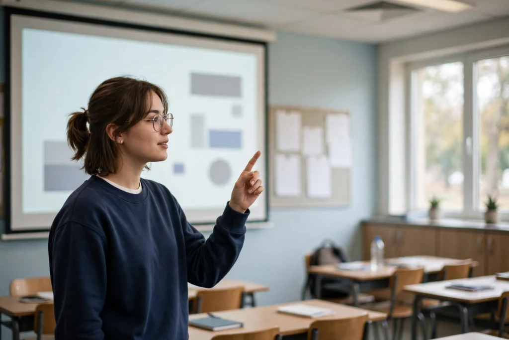 A student presenting slides in a classroom.