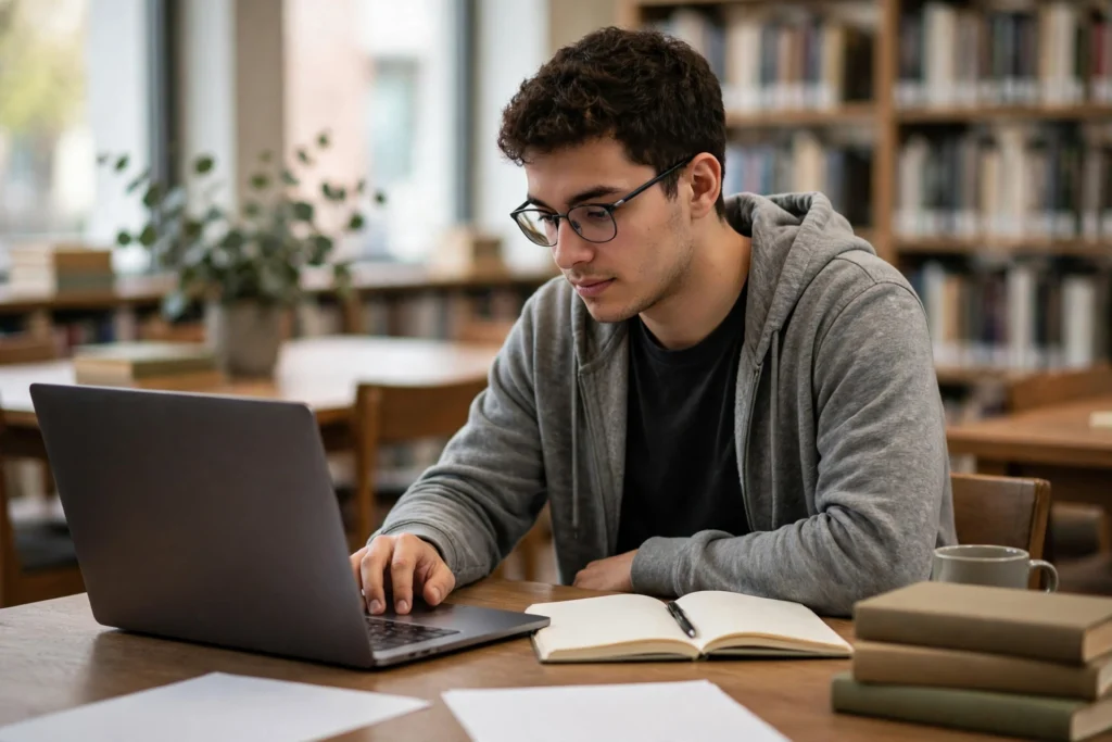 A student researching sources on a laptop.