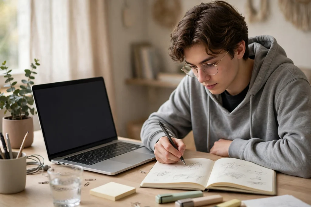 A student revising study notes from a laptop and notebook.