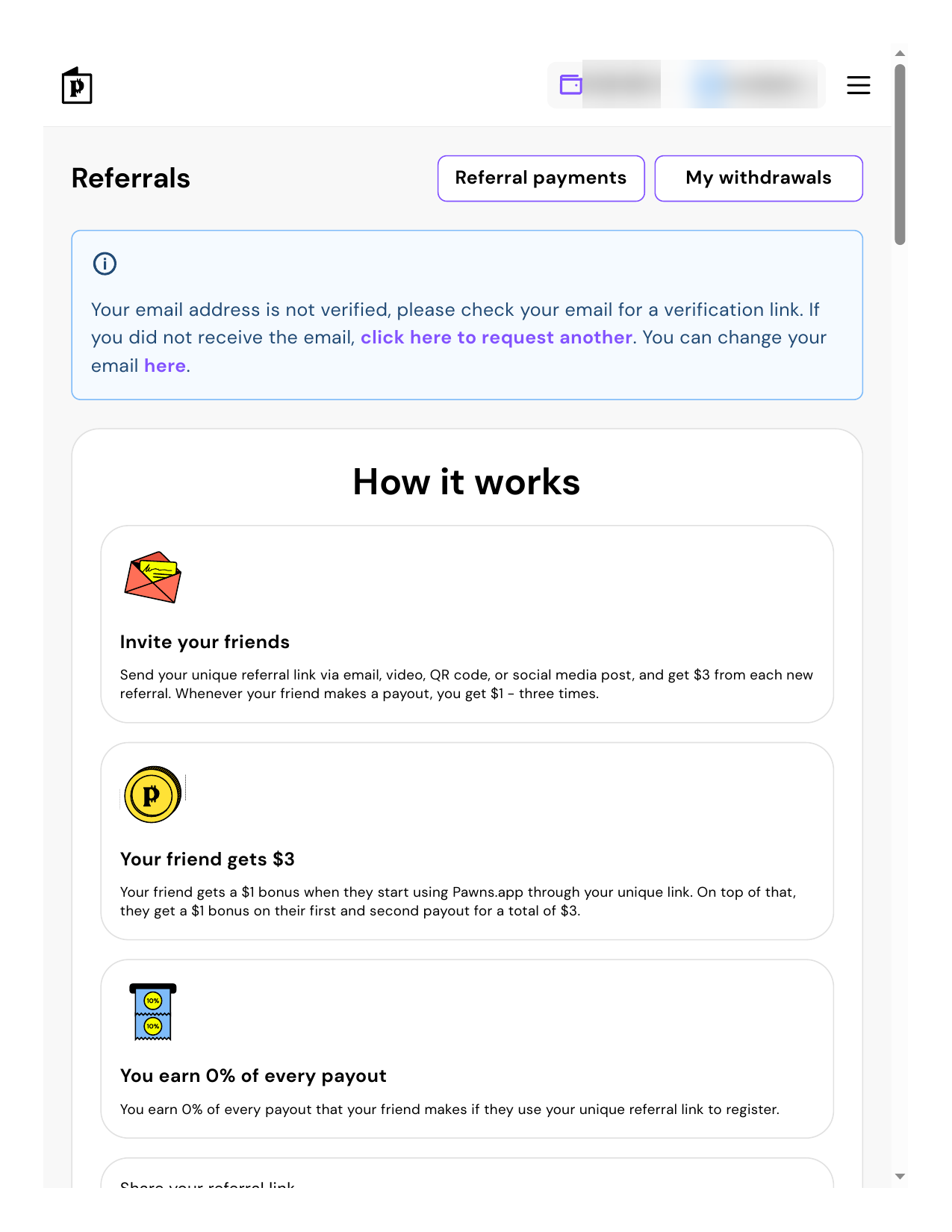 Pawns.app Referrals page showing the $3 referral structure and 0% of every payout terms, with account balance and email blurred